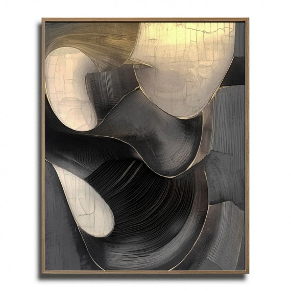 Ethereal Flow: Modern Textured Black White & Gold abstract Art - Elegant Curved Lines Decor