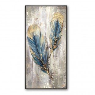 Feathers-Blue & Gold Textured abstract Painting for Modern Elegant Home Decor
