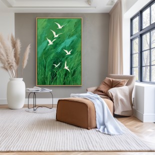Flight Over Meadow - Large abstract Green Wall Art with Flying Birds Modern Decor