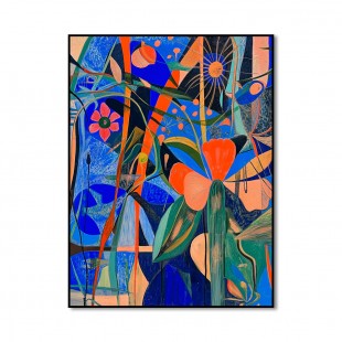 Floral Frequency - Colorful abstract Floral Painting Bold Blue & Orange Modern Wall Art