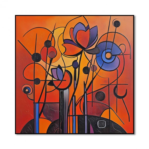 Floral Frequency - Geometric abstract Floral Painting Bold Red Orange Purple Wall Art