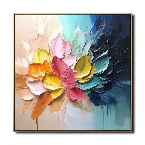 Floral Symphony-Colorful 3D Textured Floral Oil Painting with Gold Frame, Modern abstract Wall Art for Living Room & Bedroom Home Decoration