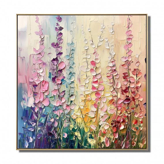 Floral Symphony-Modern Rainbow Floral Wall Art - Textured Oil Painting of Flowers in Field