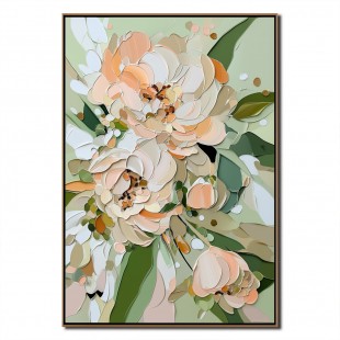 Flourishing Blooms-Soft Peach & Mint Green Peony Painting ,Framed Modern Floral Wall Art