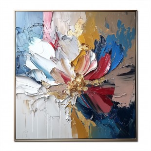 Gilded Bloom- Textured abstract Floral Oil Painting with Gold Accents, Framed Square Wall Art for Living Room & Bedroom Decor