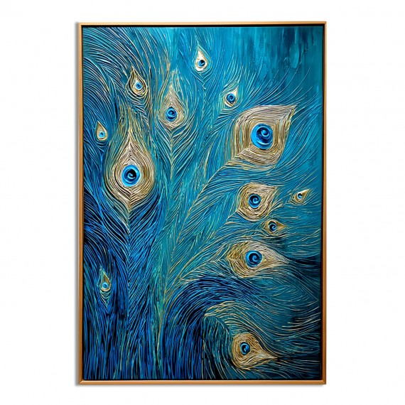 Gilded Whisper - Textured Blue and Gold Feather Oil Painting