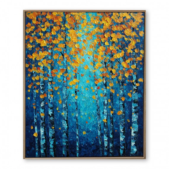 Golden Autumn Forest : Impasto Style Autumn Birch tree Art - Blue Gold Orange Hues, Stunning Decor for Contemporary Homes