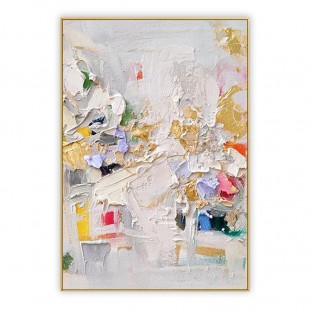 Golden Blossom-Vertical abstract Textured Oil Painting in Gold & Lavender