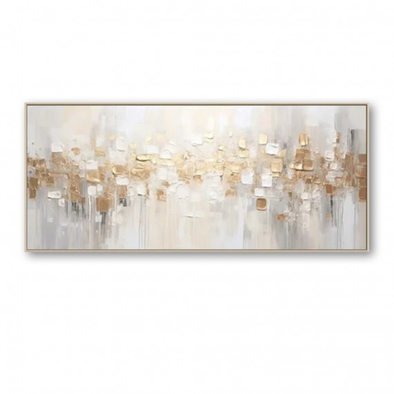 Golden Cascade – Luxury Gold & White abstract Textured Canvas Painting (Horizontal)
