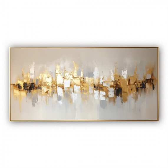 Golden Echo-Golden abstract Cityscape Oil Painting, Textured Modern Wall Art for Home Decoration