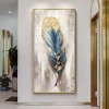 Golden Feather-Vintage-Inspired Feather Wall Art - Blue Gold Foil Textured Vertical Decor for Modern Interiors