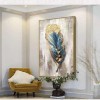 Golden Feather-Vintage-Inspired Feather Wall Art - Blue Gold Foil Textured Vertical Decor for Modern Interiors