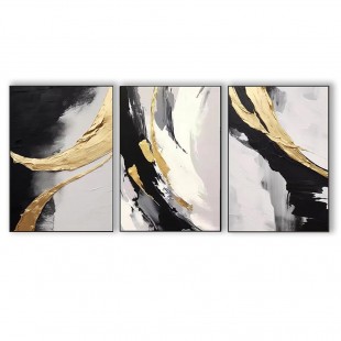 Golden Harmony: Large abstract Triptych Wall Art: Gold & Black Textured Canvas Paintings for Modern Home Decor