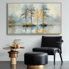 Golden Reflection-Impasto tree Reflection Oil Painting, Horizontal Framed Wall Art with Neutral Tones & Autumn Hues, Serene Forest Landscape for Living Room & Bedroom Decor