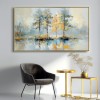 Golden Reflection-Impasto tree Reflection Oil Painting, Horizontal Framed Wall Art with Neutral Tones & Autumn Hues, Serene Forest Landscape for Living Room & Bedroom Decor