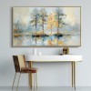 Golden Reflection-Impasto tree Reflection Oil Painting, Horizontal Framed Wall Art with Neutral Tones & Autumn Hues, Serene Forest Landscape for Living Room & Bedroom Decor