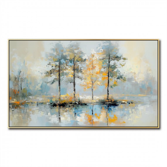 Golden Reflection-Impasto tree Reflection Oil Painting, Horizontal Framed Wall Art with Neutral Tones & Autumn Hues, Serene Forest Landscape for Living Room & Bedroom Decor