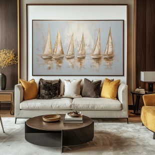 Golden Regatta – abstract Textured Sailing Boats Oil Painting: Serene Water Reflection Art for Home Decoration