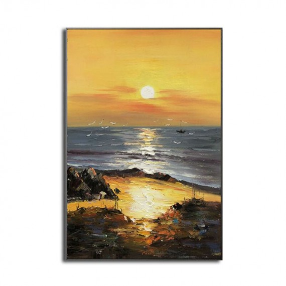 Golden Sunset-Vertical Textured Coastal Oil Painting for Modern Interiors