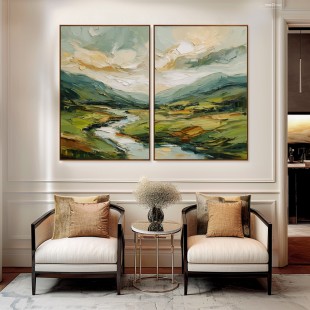 Golden Valley – abstract Landscape Diptych Painting, Textured Canvas Wall Art for Modern Interiors