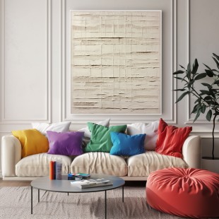 Grid Harmony : Textured Neutral abstract Art - Beige Tones, Minimalist Wall Decor for Modern Interiors