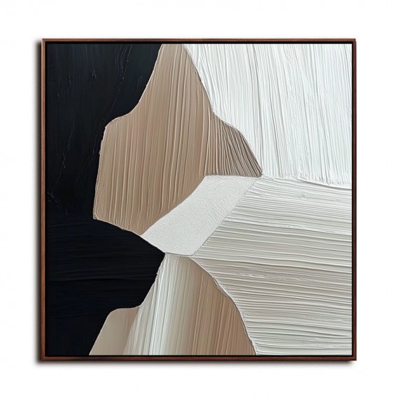 Harmony of Forms-Modern abstract Geometric Textured Wall Art - Framed Canvas Painting in Black, Beige and Brown Tones