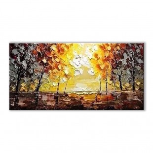 Impasto Oil Painting: Golden Sunset Landscape, Autumn trees Wall Art