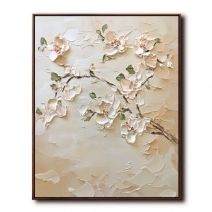 Magnolia Grace: Modern Minimalist Floral Wall Art - Cream White Impasto Textured Blossoms on Beige