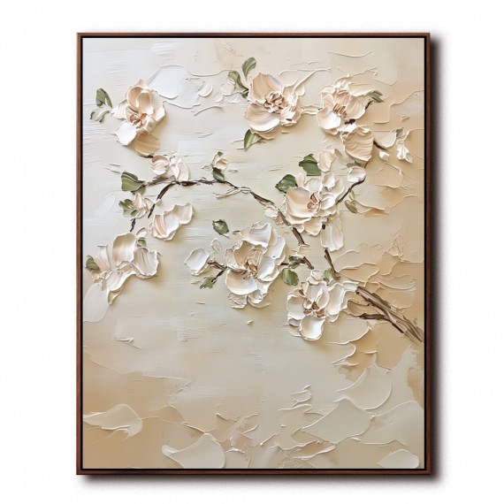 Magnolia Grace: Modern Minimalist Floral Wall Art - Cream White Impasto Textured Blossoms on Beige