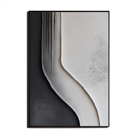 Monochrome Flow Texture Art-Framed 3D Textured Black White abstract Wall Art - Minimalist Curved Line Decor