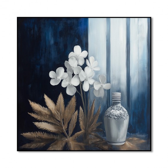 Moonlit Stillness - Modern Blue Gold Floral Still Life Painting Square abstract Wall Art