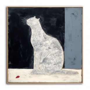 Moonlit Whispers-Unique Wabi-Sabi White Cat Painting - Home Decor Wall Art