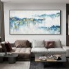 Morning Mist Light-Modern abstract Blue and Gold Mountain Wall Art, Landscape Oil Painting for Home Decor