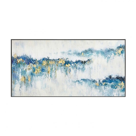 Morning Mist Light-Modern abstract Blue and Gold Mountain Wall Art, Landscape Oil Painting for Home Decor