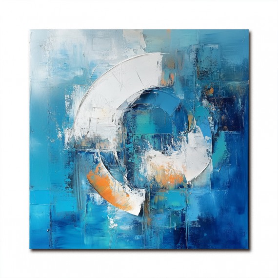 Ocean Rhythm -Textured abstract Geometric Circular Oil Painting - Blue, Orange and White Modern Wall Art for Home Decoration
