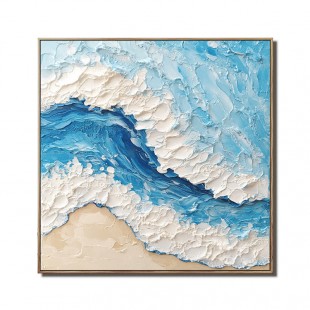 Ocean's Embrace:Thick Texture Ocean Wave Canvas Art - 3D Impasto Beach Scene Wall Decor, Coastal Themed Home Interiors Artwork