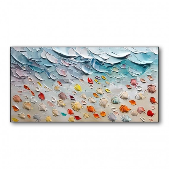 Ocean's Treasure-Colorful 3D Textured Seashell Painting, Turquoise Ocean Beach Impasto Wall Art