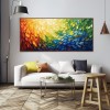 Radiant Cascade: Modern abstract Rainbow Textured Feather-Like Framed Canvas Art - Long Horizontal Wall Decor for Living Room & Bedroom
