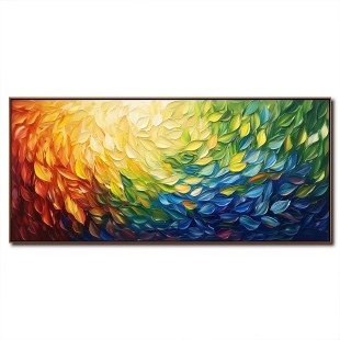 Radiant Cascade: Modern abstract Rainbow Textured Feather-Like Framed Canvas Art - Long Horizontal Wall Decor for Living Room & Bedroom
