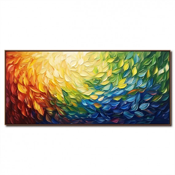 Radiant Cascade: Modern abstract Rainbow Textured Feather-Like Framed Canvas Art - Long Horizontal Wall Decor for Living Room & Bedroom
