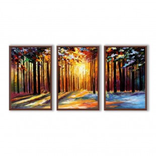 Ray of Hope-Forest Triptych Painting with Sunlight and trees for Modern Interiors