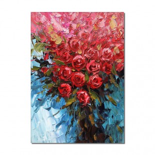 Red Roses-Palette Knife Red Rose Oil Painting - Vibrant Textured Floral Art with Blue Background