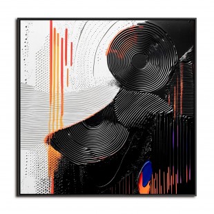 Rhythms of Contrast-Modern Black and White abstract Art: Monochromatic Painting with Vibrant Orange and Blue Details