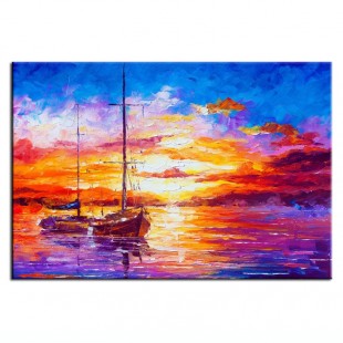 Sailing Together-Colorful Sunset Sailboat Seascape Oil Painting - Impressionistic Nautical Wall Art for Home Decoration