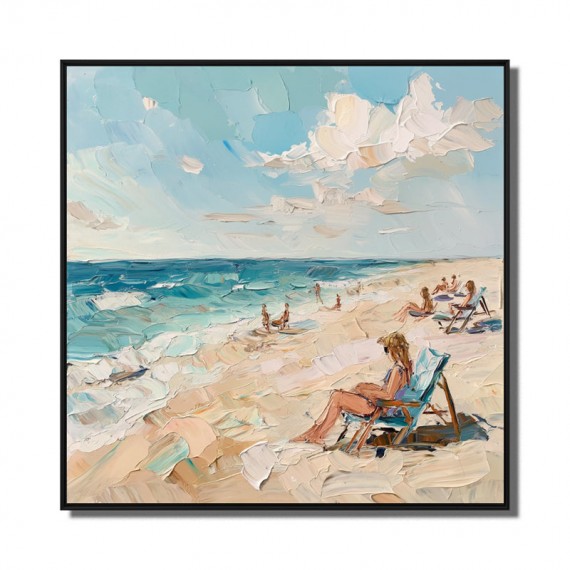 Seaside Serenity Canvas Art-Relaxing Beach Scene Painting: Impressionist Coastal Decor