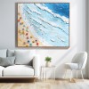 Seaside Whispers-Impasto Beach Scene Oil Painting - Framed Square Wall Art with Colorful Umbrellas & Textured Ocean Waves, Summer Coastal Decor for Living Room & Bedroom