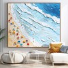 Seaside Whispers-Impasto Beach Scene Oil Painting - Framed Square Wall Art with Colorful Umbrellas & Textured Ocean Waves, Summer Coastal Decor for Living Room & Bedroom