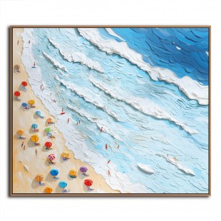 Seaside Whispers-Impasto Beach Scene Oil Painting - Framed Square Wall Art with Colorful Umbrellas & Textured Ocean Waves, Summer Coastal Decor for Living Room & Bedroom