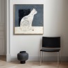 Silent Gaze-Wabi-Sabi White Cat Art Painting on Dark Background - Home Wall Decor