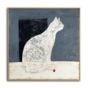 Silent Gaze-Wabi-Sabi White Cat Art Painting on Dark Background - Home Wall Decor